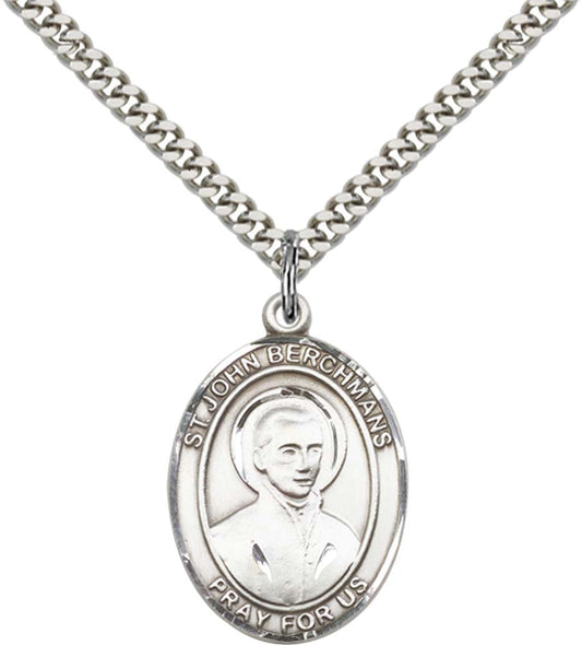 Sterling Silver St. John Berchmans Pendant with 24 Inch Light Rhodium Heavy Curb Chain