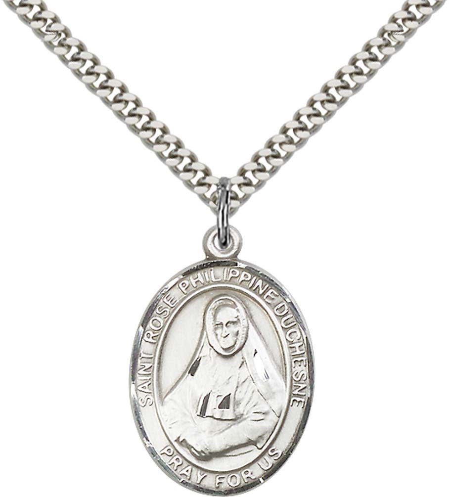 Sterling Silver St. Rose Philippine Pendant with 24 Inch Light Rhodium Heavy Curb Chain
