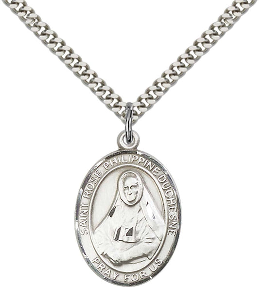 Sterling Silver St. Rose Philippine Pendant with 24 Inch Light Rhodium Heavy Curb Chain
