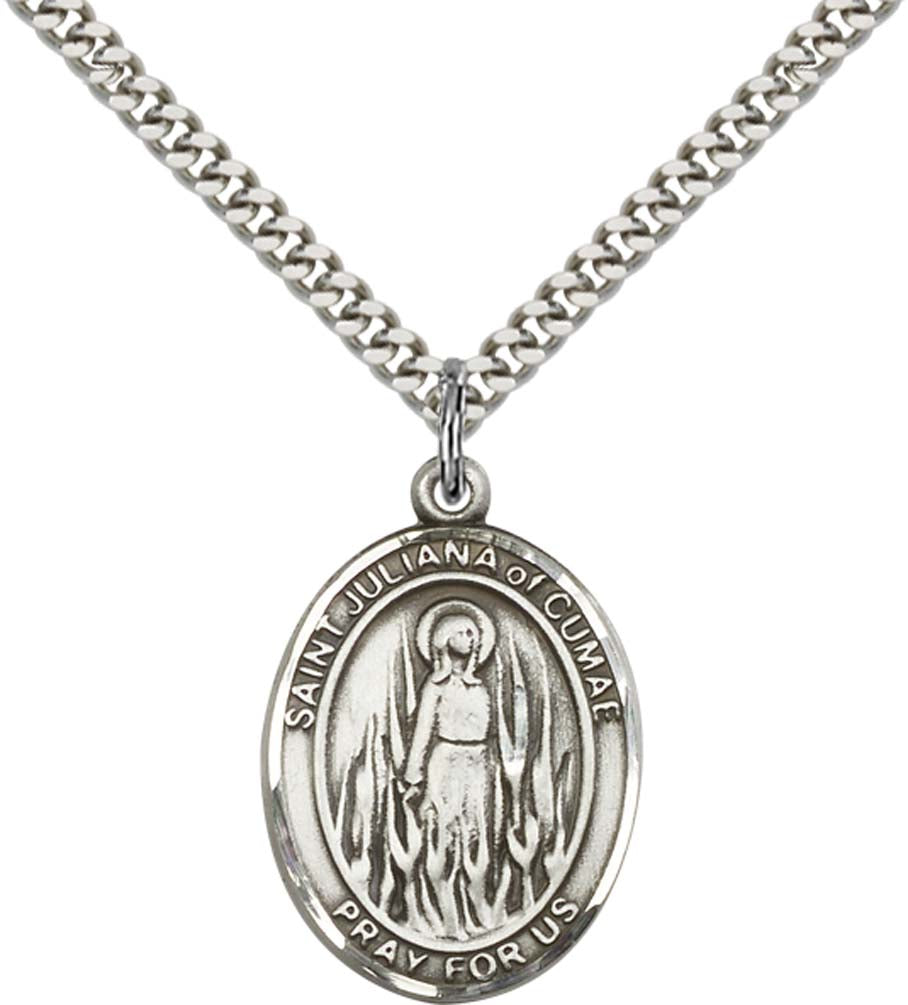 Sterling Silver St. Juliana Pendant with 24 Inch Light Rhodium Heavy Curb Chain