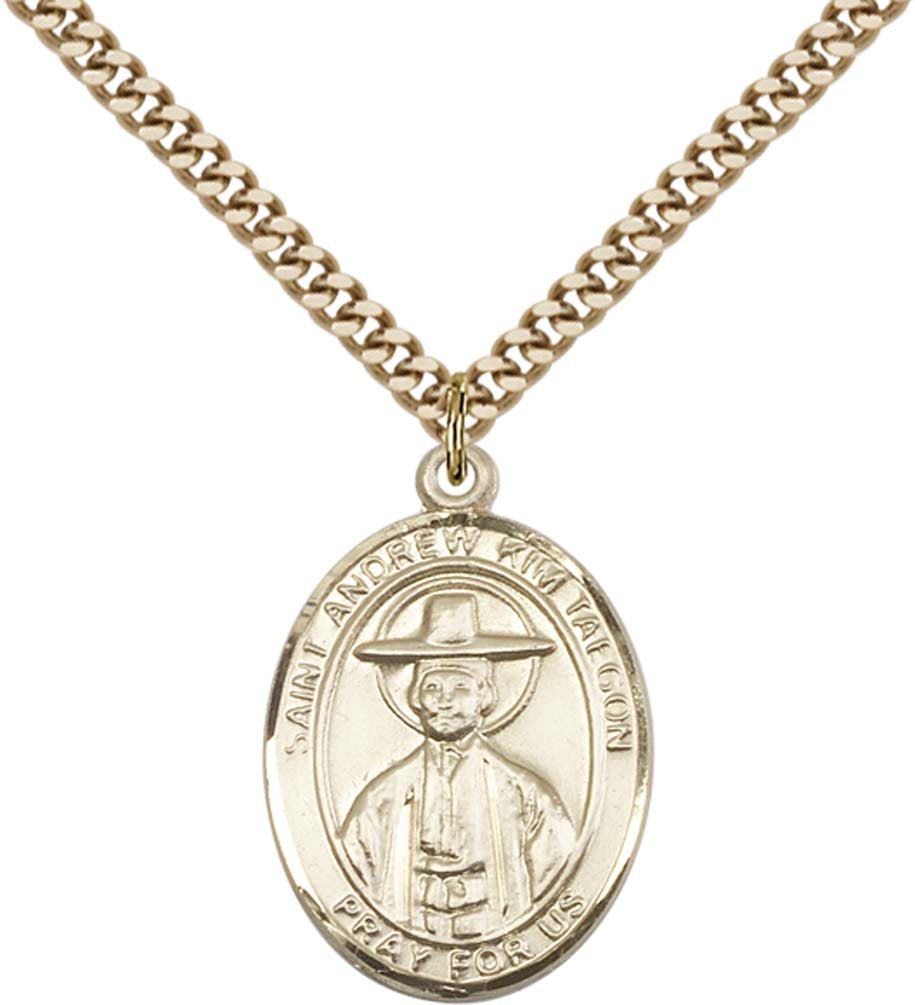 14kt Gold Filled St. Andrew Kim Taegon Pendant with 24 inch Gold Plate Heavy Curb Chain