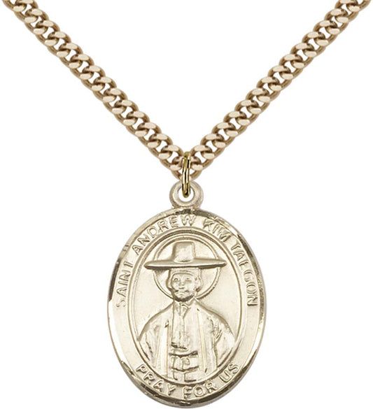 14kt Gold Filled St. Andrew Kim Taegon Pendant with 24 inch Gold Plate Heavy Curb Chain