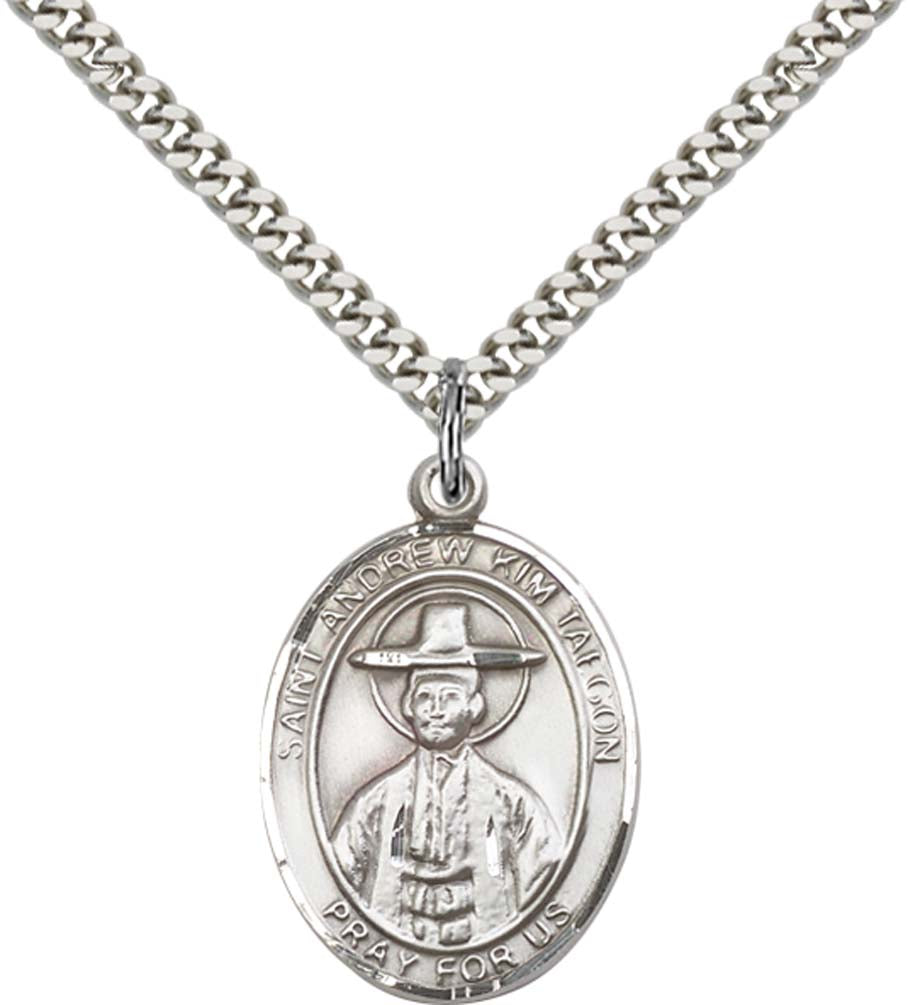 Sterling Silver St. Andrew Kim Taegon Pendant with 24 Inch Light Rhodium Heavy Curb Chain