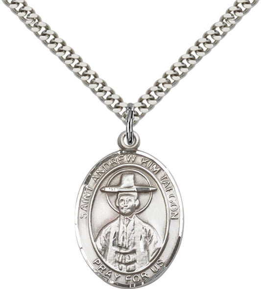 Sterling Silver St. Andrew Kim Taegon Pendant with 24 Inch Light Rhodium Heavy Curb Chain