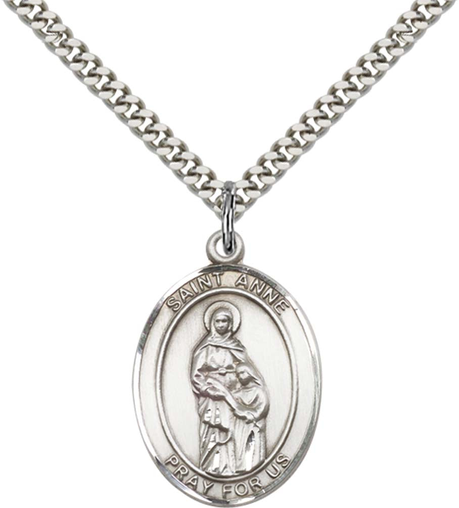 Sterling Silver St. Anne Pendant with 24 Inch Light Rhodium Heavy Curb Chain