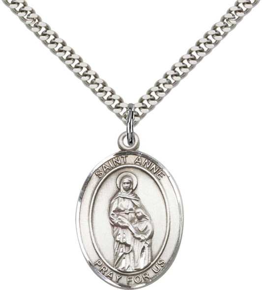 Sterling Silver St. Anne Pendant with 24 Inch Light Rhodium Heavy Curb Chain