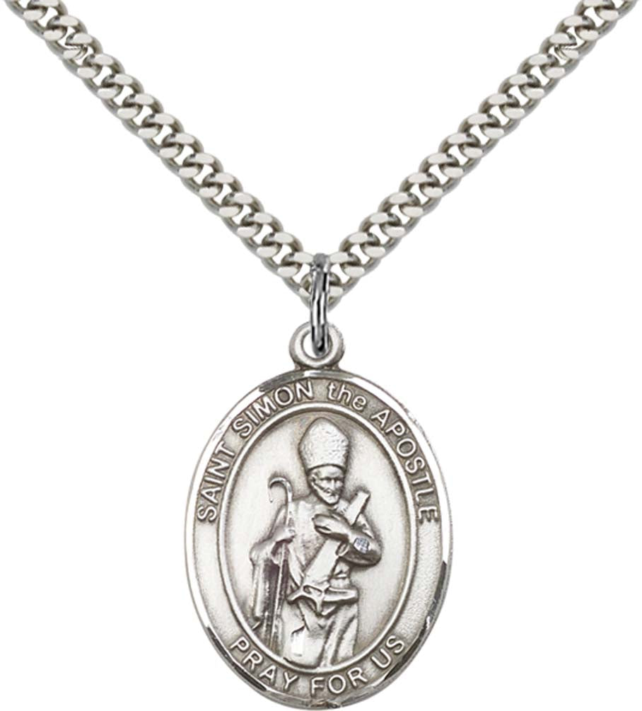 Sterling Silver St. Simon Pendant with 24 Inch Light Rhodium Heavy Curb Chain