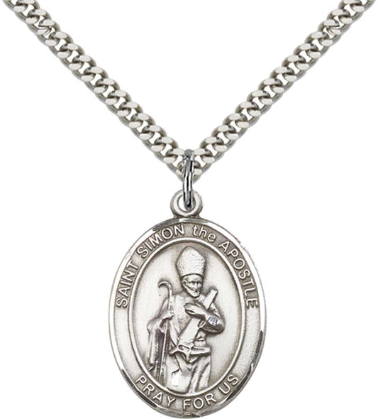 Sterling Silver St. Simon Pendant with 24 Inch Light Rhodium Heavy Curb Chain