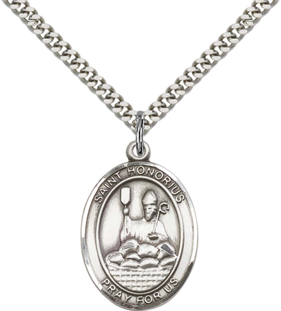Sterling Silver St. Honorius Pendant with 24 Inch Light Rhodium Heavy Curb Chain