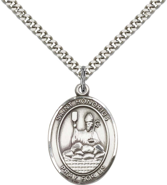 Sterling Silver St. Honorius Pendant with 24 Inch Light Rhodium Heavy Curb Chain