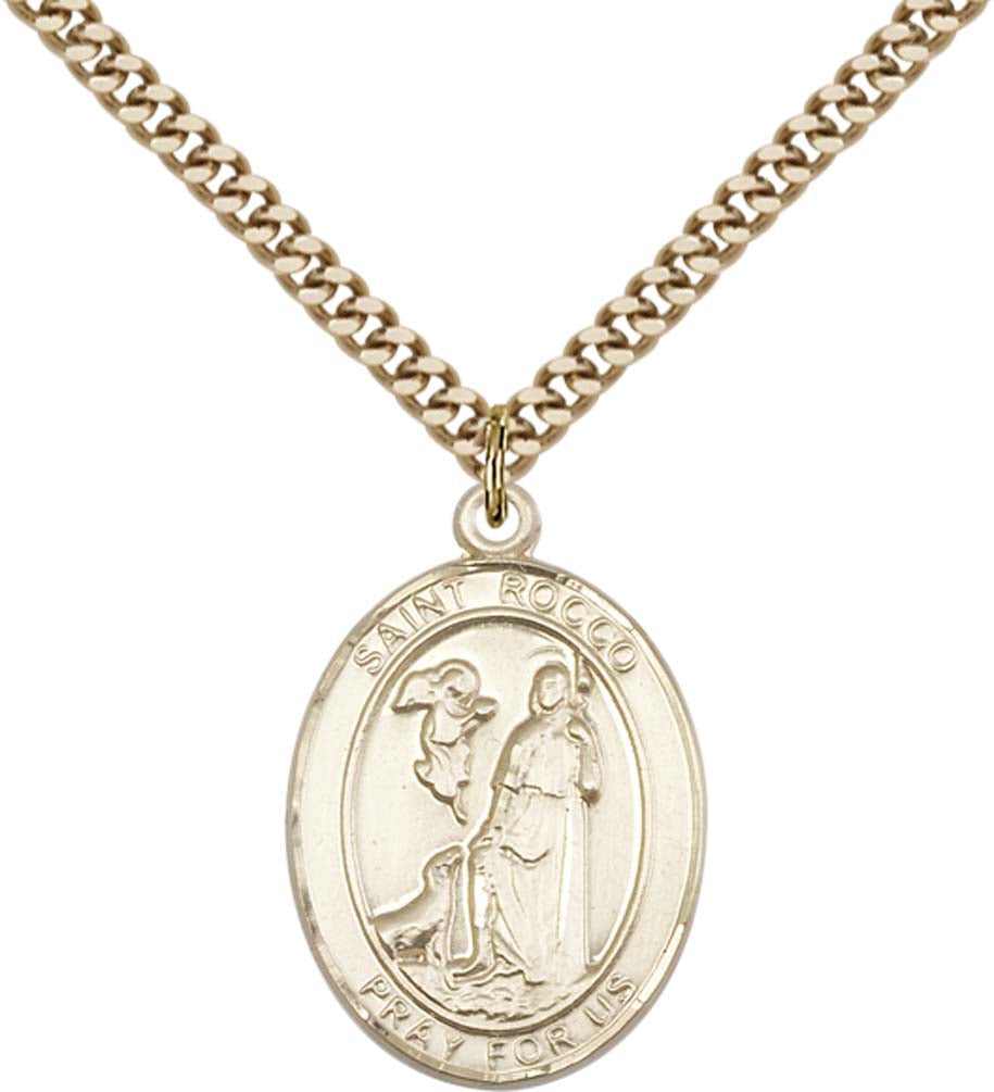 14kt Gold Filled St. Rocco Pendant with 24 inch Gold Plate Heavy Curb Chain