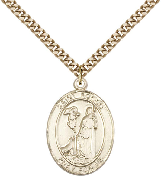 14kt Gold Filled St. Rocco Pendant with 24 inch Gold Plate Heavy Curb Chain