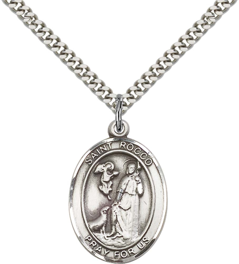 Sterling Silver St. Rocco Pendant with 24 Inch Light Rhodium Heavy Curb Chain