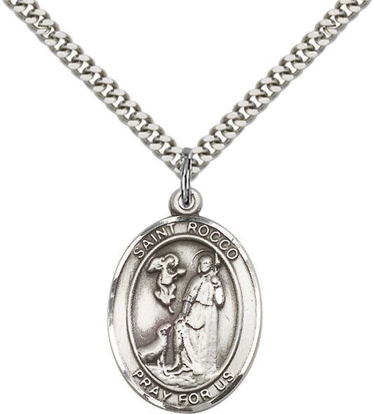 Sterling Silver St. Rocco Pendant with 24 Inch Light Rhodium Heavy Curb Chain