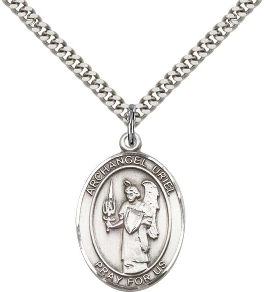Sterling Silver St. Uriel Pendant with 24 Inch Light Rhodium Heavy Curb Chain