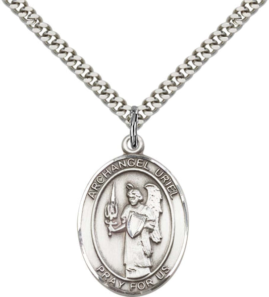 Sterling Silver St. Uriel Pendant with 24 Inch Light Rhodium Heavy Curb Chain