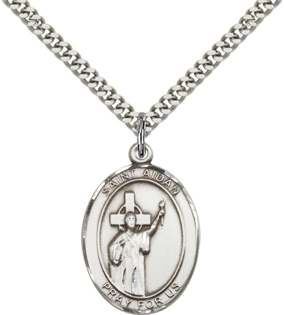 Sterling Silver St. Aidan Of Lindesfarne Pendant with 24 Inch Light Rhodium Heavy Curb Chain
