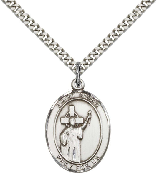 Sterling Silver St. Aidan Of Lindesfarne Pendant with 24 Inch Light Rhodium Heavy Curb Chain