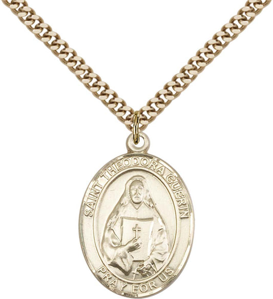 14kt Gold Filled St. Theodore Guerin Pendant with 24 inch Gold Plate Heavy Curb Chain