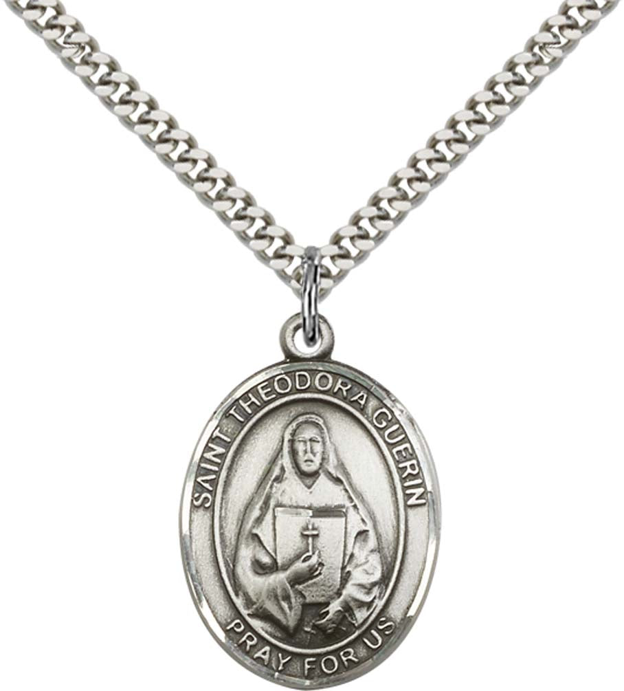 Sterling Silver St. Theodore Guerin Pendant with 24 Inch Light Rhodium Heavy Curb Chain