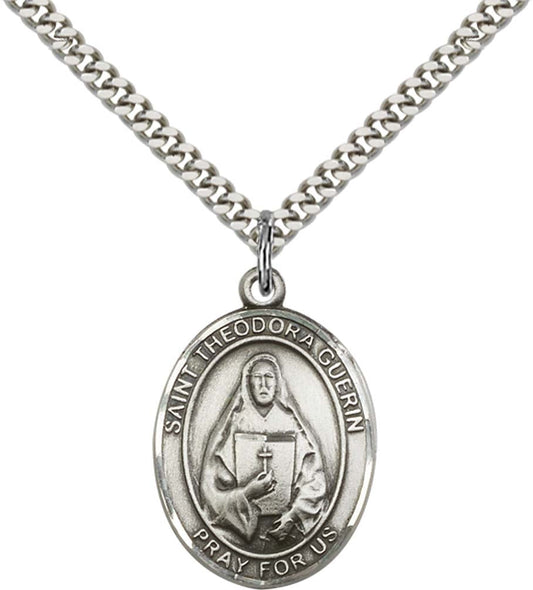 Sterling Silver St. Theodore Guerin Pendant with 24 Inch Light Rhodium Heavy Curb Chain