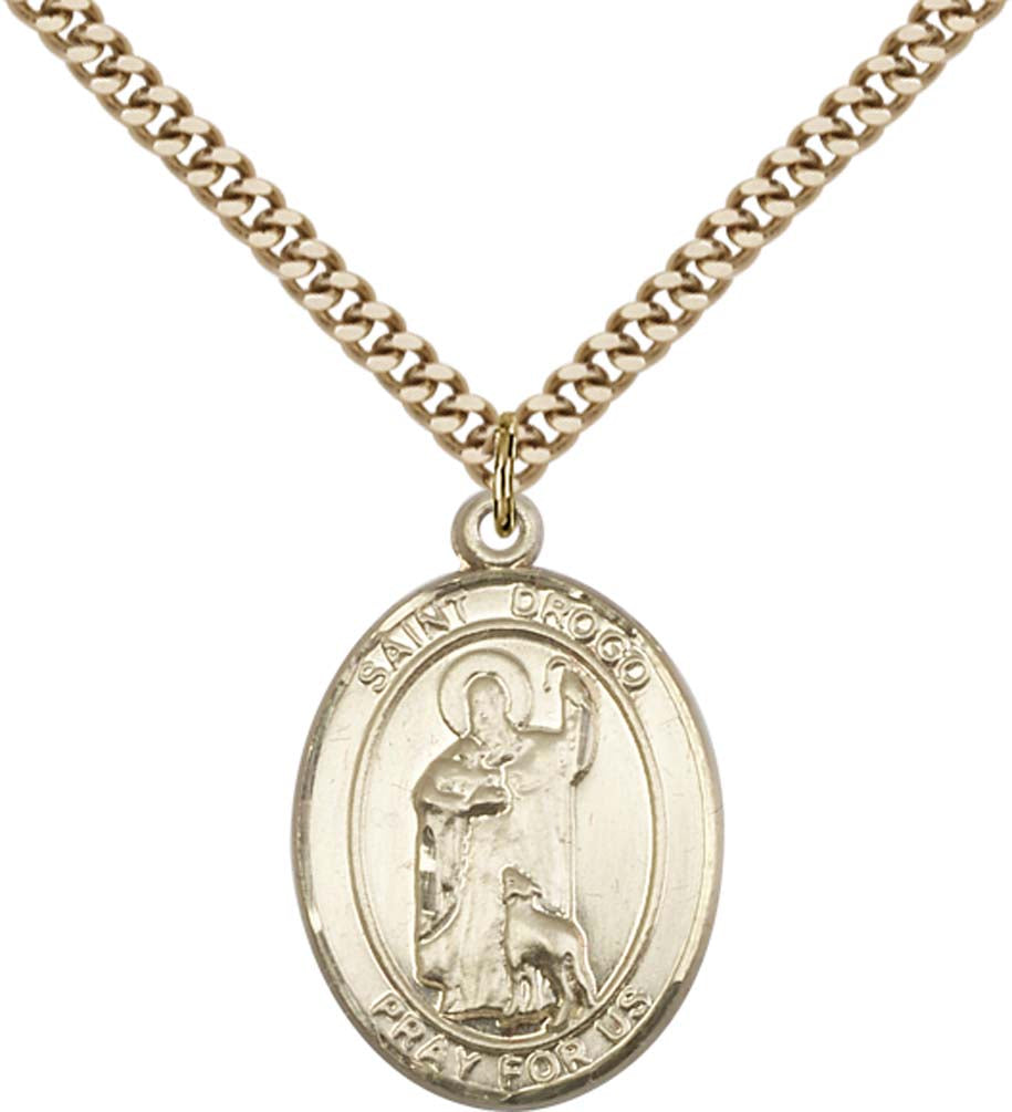 14kt Gold Filled St. Drogo Pendant with 24 inch Gold Plate Heavy Curb Chain