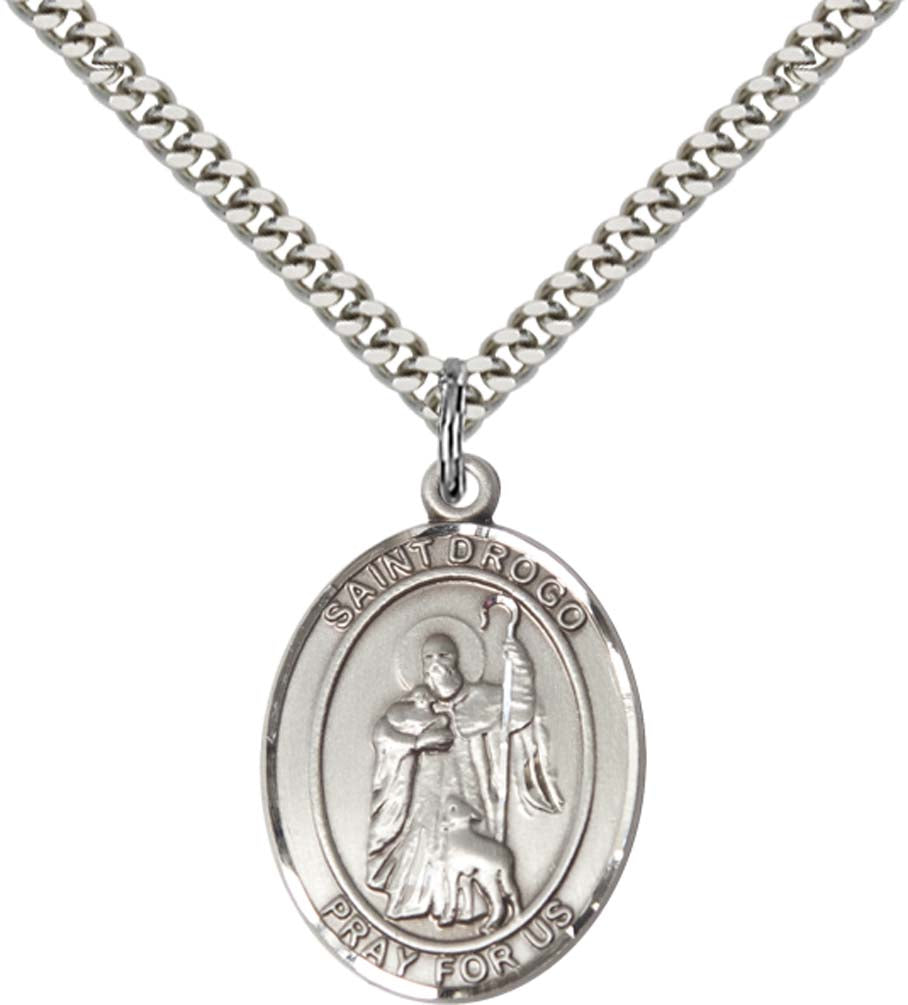 Sterling Silver St. Drogo Pendant with 24 Inch Light Rhodium Heavy Curb Chain