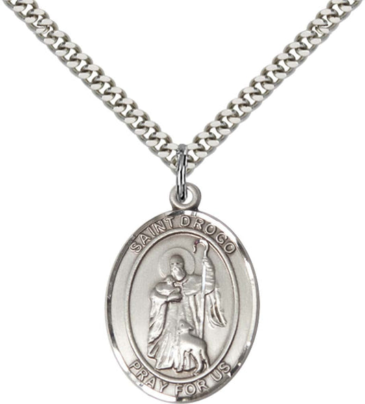 Sterling Silver St. Drogo Pendant with 24 Inch Light Rhodium Heavy Curb Chain