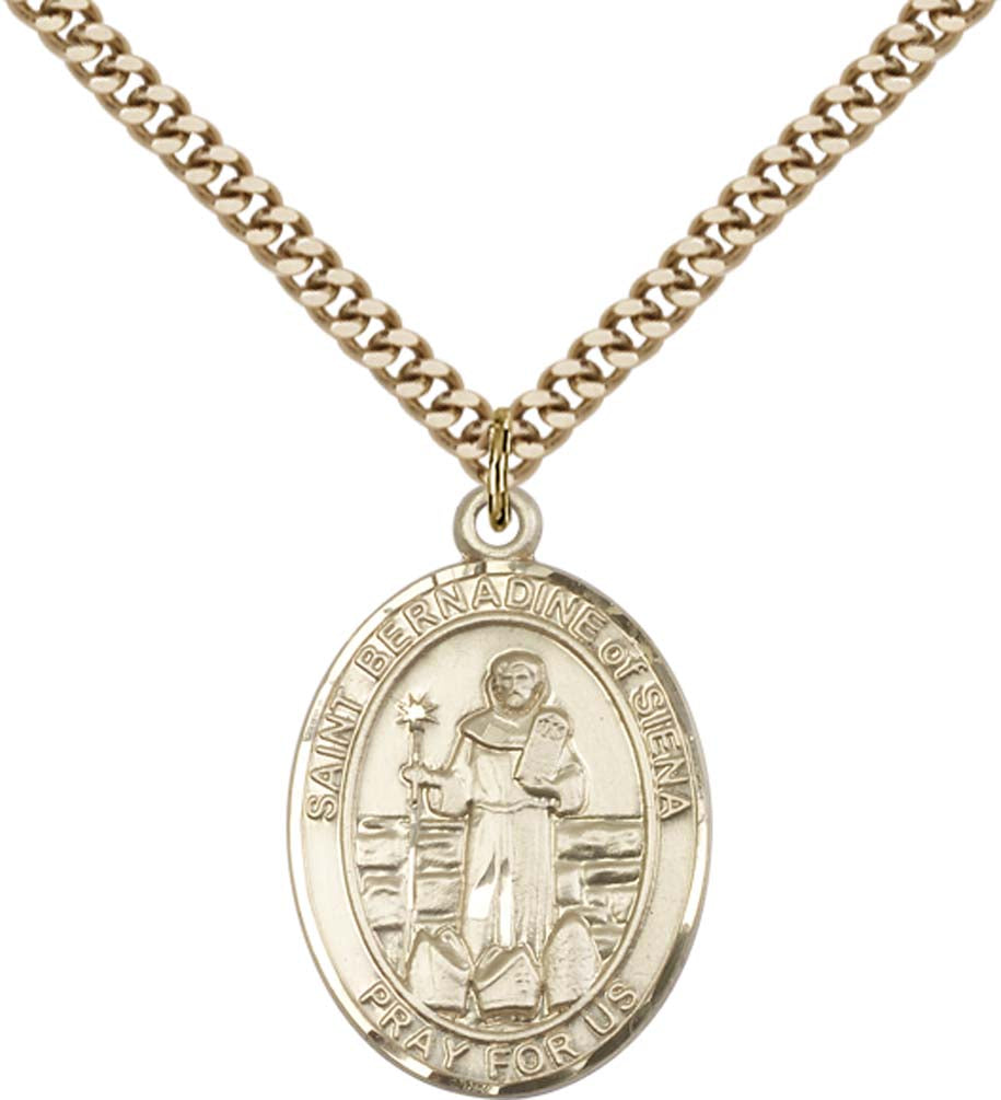 14kt Gold Filled St. Bernadine Of Sienna Pendant with 24 inch Gold Plate Heavy Curb Chain