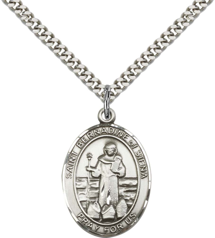 Sterling Silver St. Bernadine Of Sienna Pendant with 24 Inch Light Rhodium Heavy Curb Chain
