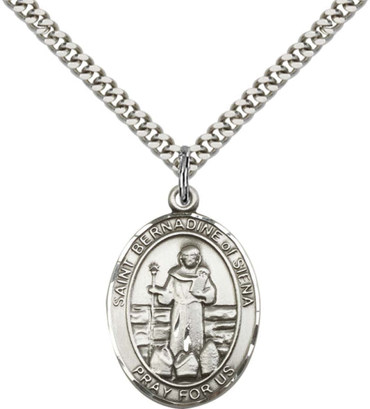Sterling Silver St. Bernadine Of Sienna Pendant with 24 Inch Light Rhodium Heavy Curb Chain