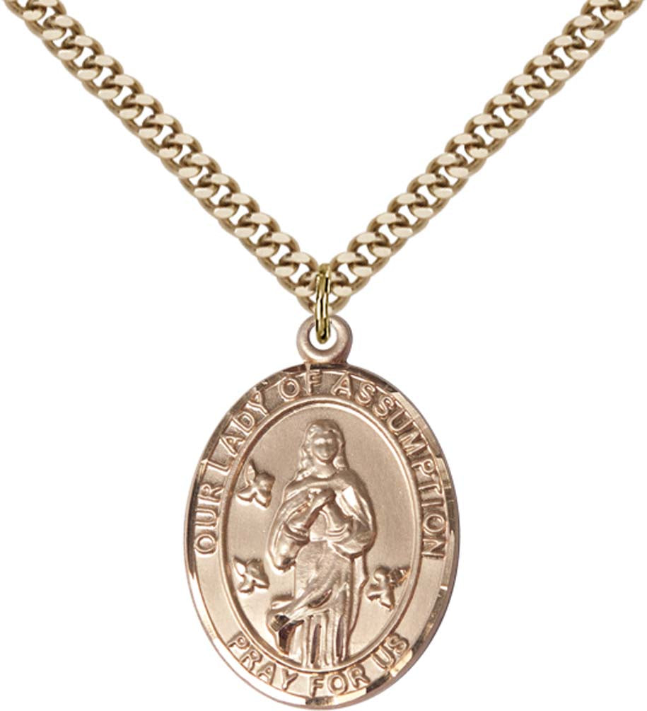 14kt Gold Filled O/L Of Assumption Pendant with 24 inch Gold Plate Heavy Curb Chain