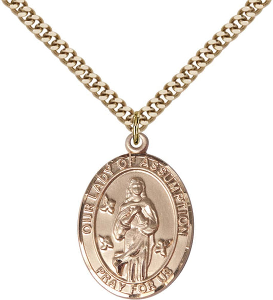 14kt Gold Filled O/L Of Assumption Pendant with 24 inch Gold Plate Heavy Curb Chain