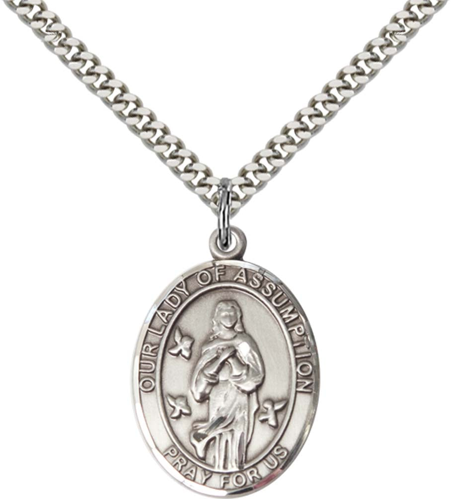 Sterling Silver O/L Of Assumption Pendant with 24 Inch Light Rhodium Heavy Curb Chain