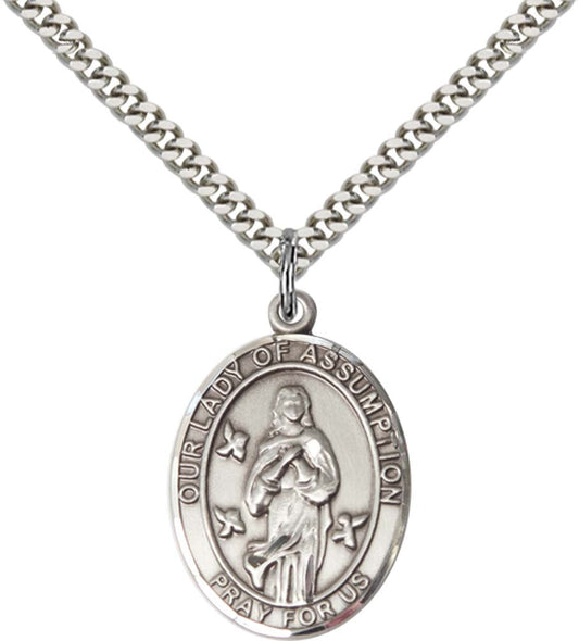 Sterling Silver O/L Of Assumption Pendant with 24 Inch Light Rhodium Heavy Curb Chain