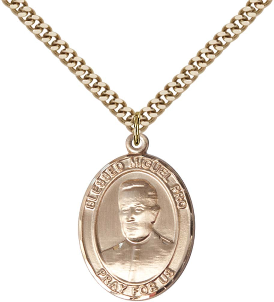 14kt Gold Filled Blessed Miguel Pro Pendant with 24 inch Gold Plate Heavy Curb Chain