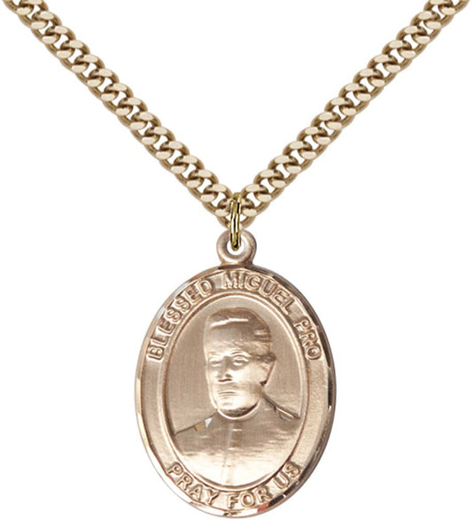 14kt Gold Filled Blessed Miguel Pro Pendant with 24 inch Gold Plate Heavy Curb Chain