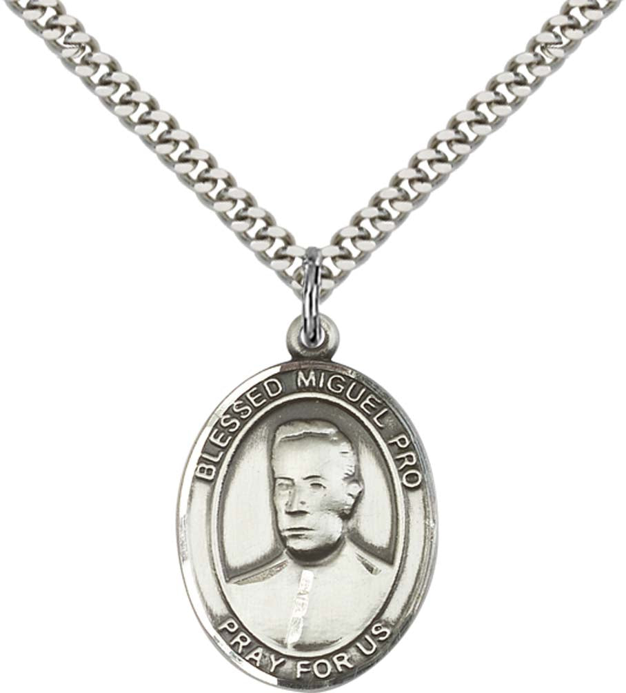 Sterling Silver Blessed Miguel Pro Pendant with 24 Inch Light Rhodium Heavy Curb Chain