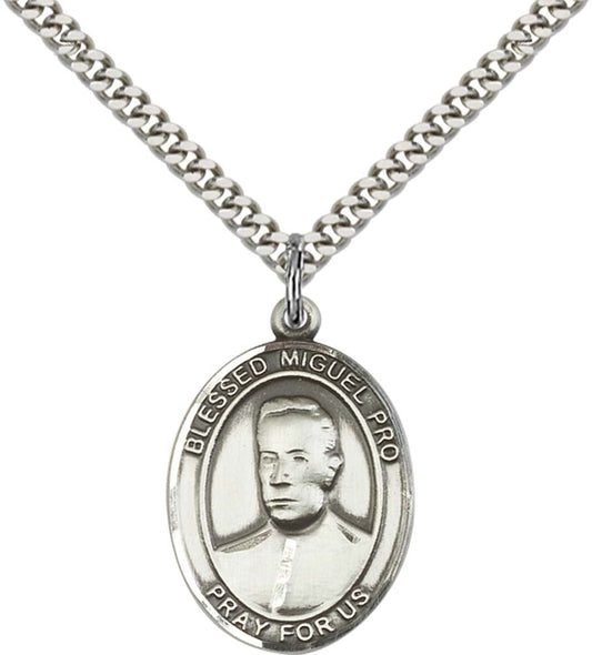 Sterling Silver Blessed Miguel Pro Pendant with 24 Inch Light Rhodium Heavy Curb Chain
