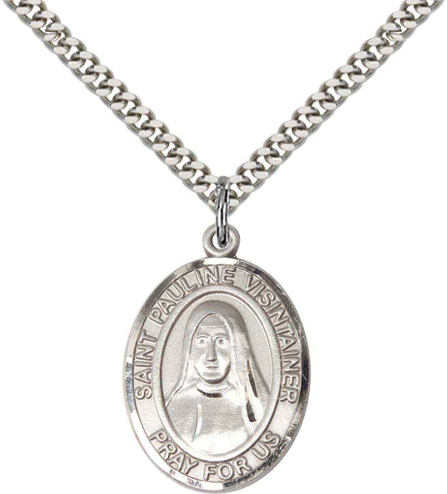 Sterling Silver St. Pauline Visintainer Pendant with 24 Inch Light Rhodium Heavy Curb Chain