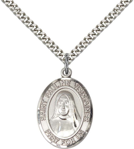 Sterling Silver St. Pauline Visintainer Pendant with 24 Inch Light Rhodium Heavy Curb Chain