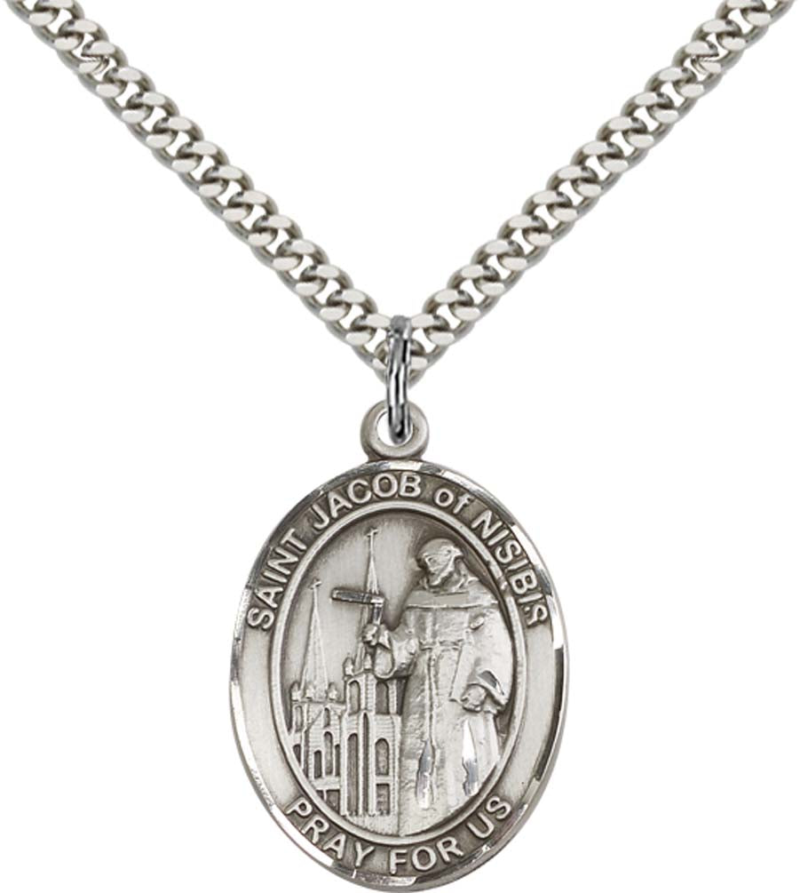 Sterling Silver St. Jacob of Nisibis Pendant with 24 Inch Light Rhodium Heavy Curb Chain