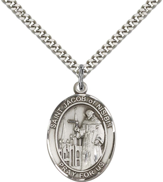 Sterling Silver St. Jacob of Nisibis Pendant with 24 Inch Light Rhodium Heavy Curb Chain