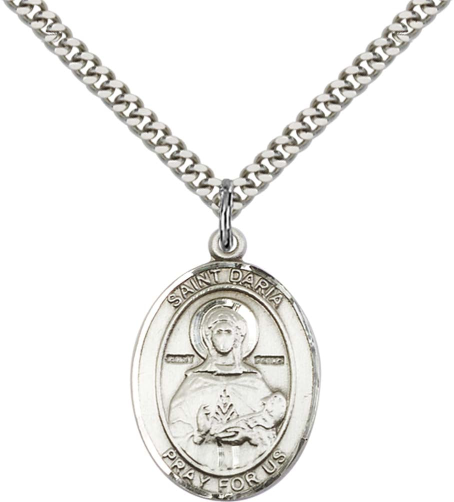 Sterling Silver St. Daria Pendant with 24 Inch Light Rhodium Heavy Curb Chain