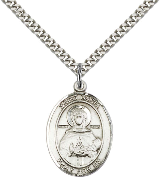 Sterling Silver St. Daria Pendant with 24 Inch Light Rhodium Heavy Curb Chain