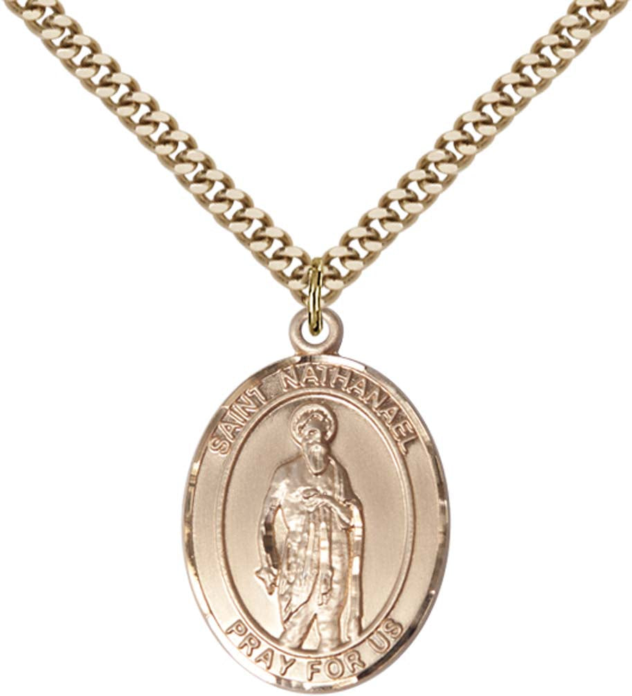 14kt Gold Filled St. Nathanael Pendant with 24 inch Gold Plate Heavy Curb Chain