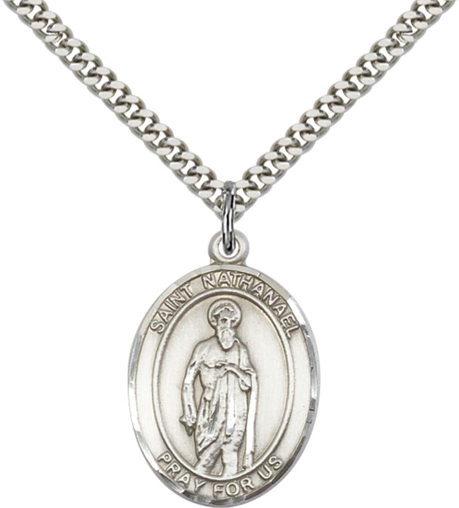 Sterling Silver St. Nathanael Pendant with 24 Inch Light Rhodium Heavy Curb Chain