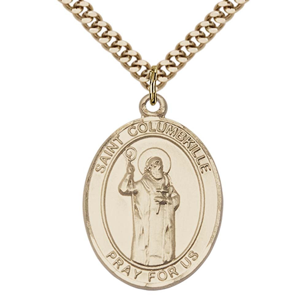 14kt Gold Filled St. Columbkille Pendant with 24 inch Gold Plate Heavy Curb Chain