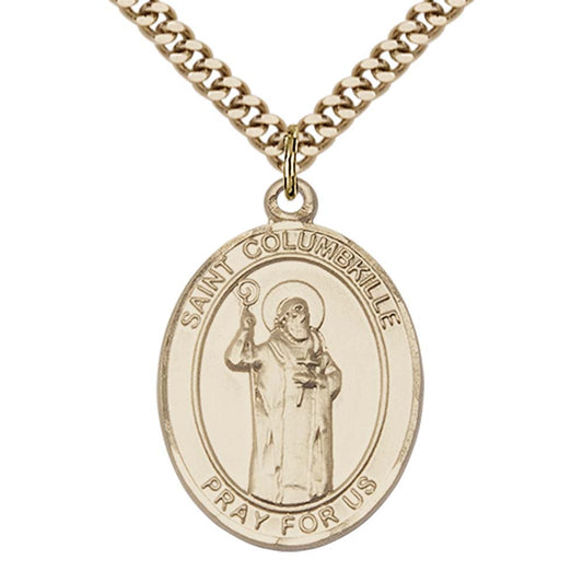 14kt Gold Filled St. Columbkille Pendant with 24 inch Gold Plate Heavy Curb Chain