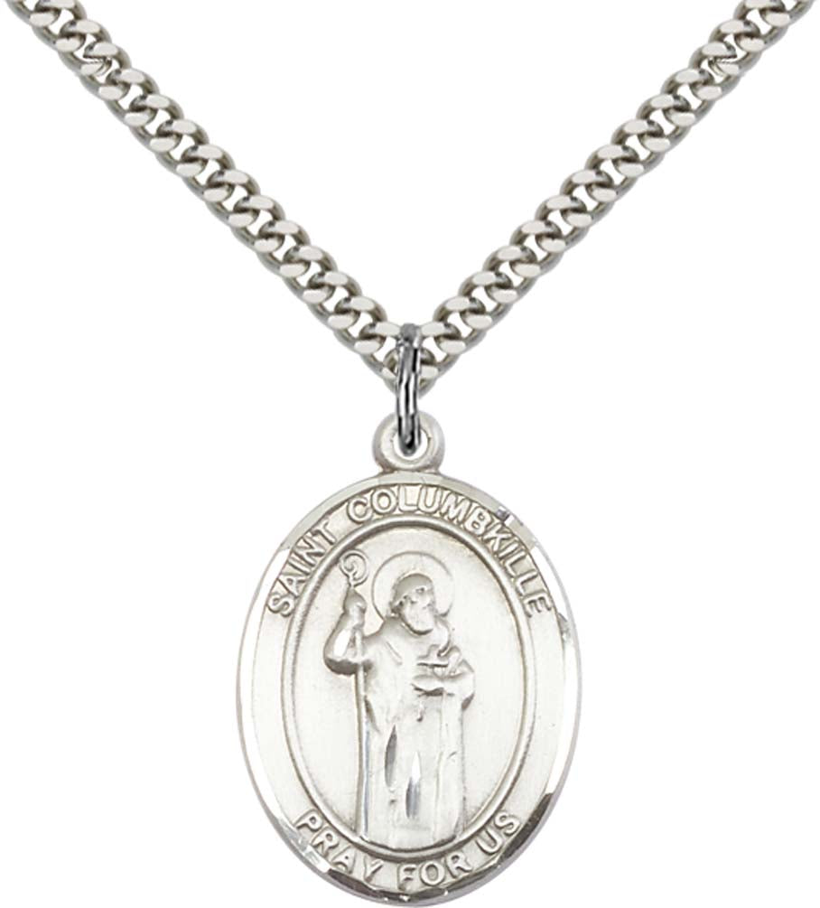 Sterling Silver St. Columbkille Pendant with 24 Inch Light Rhodium Heavy Curb Chain